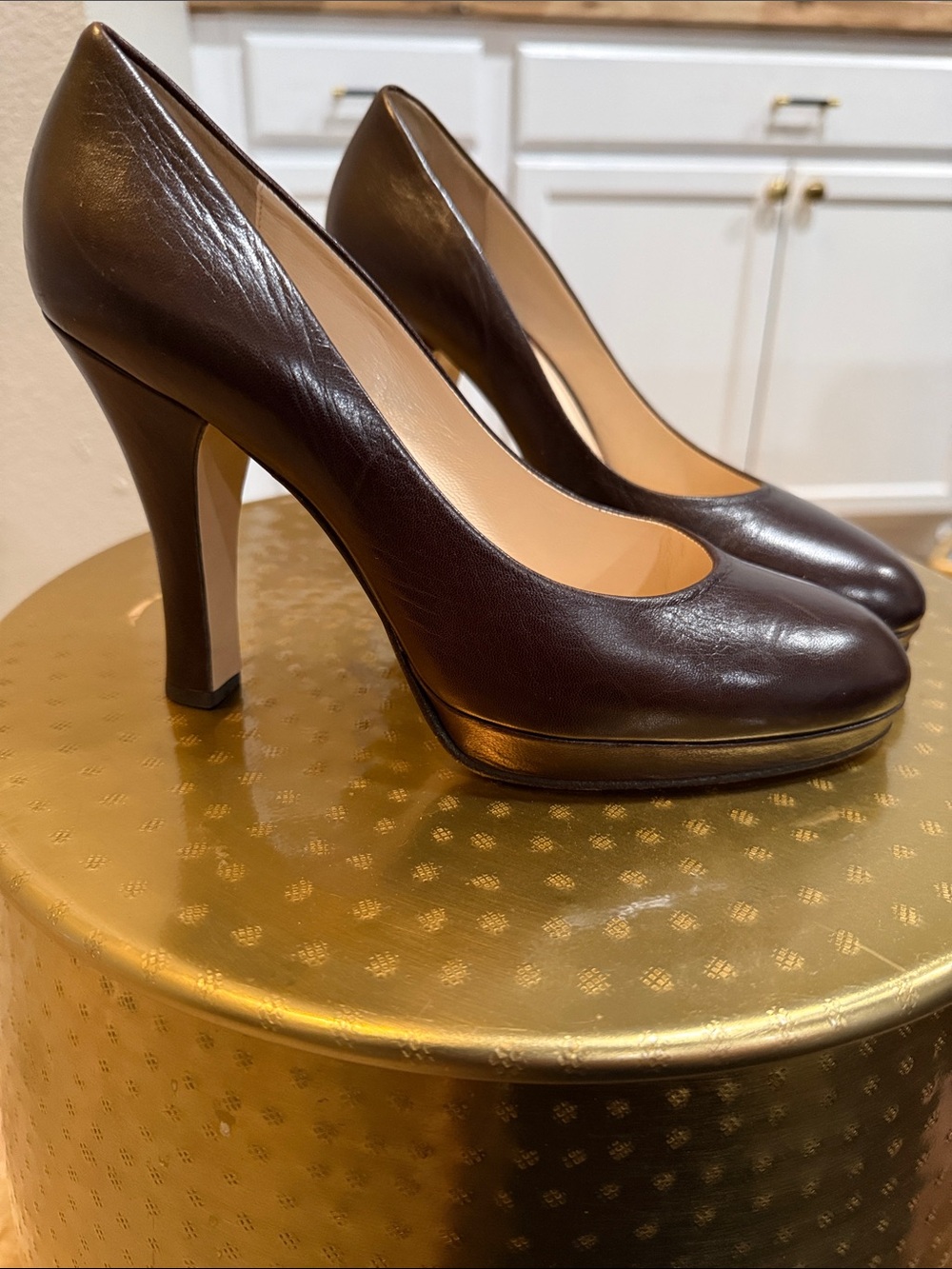 Max Mara Brown Leather Round Toe Platform Pumps Size 39 Heels Office Career